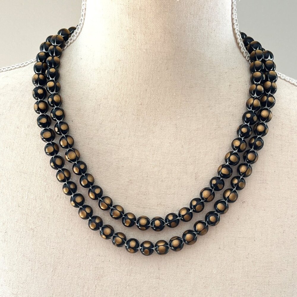 Vintage 1960s Cathe Jewels Black Gold Double Strand Beaded Necklace